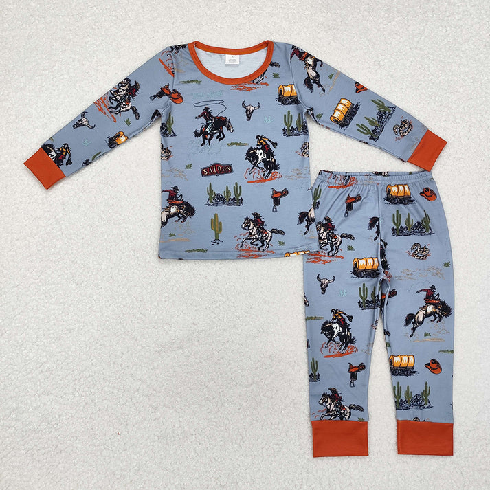RTS NO MOQ bamboo western cowboy style boys long sleeve long pants pajamas set