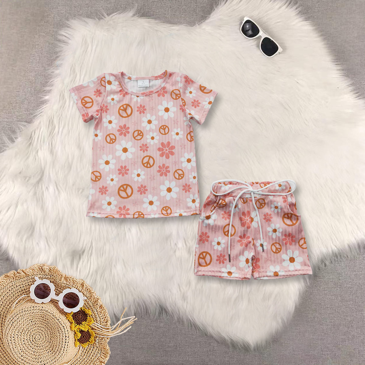 RTS summer pajamas  Girls Smiley Rainbow White Short Sleeve Shorts Set rib fabric