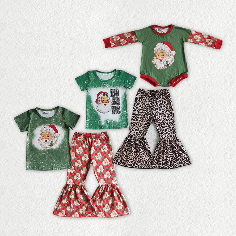 RTS NO MOQ D1-5 GSPO0182 LR0137 Q version Santa Claus pattern green short-sleeved bell-bottom pants suit & romper