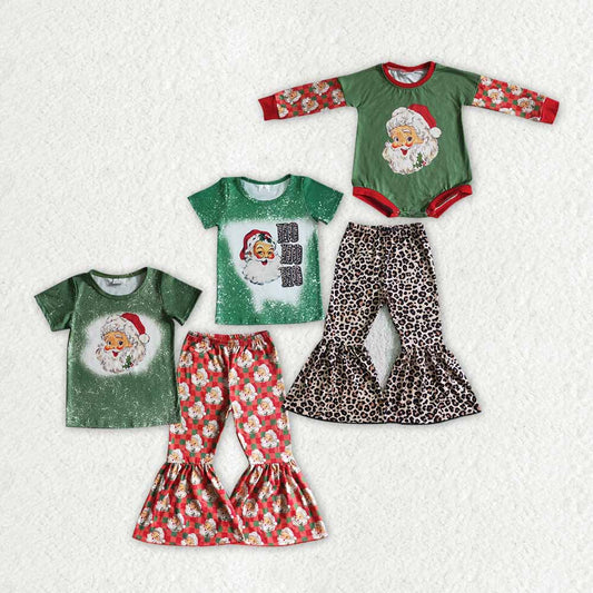 RTS NO MOQ D1-5 GSPO0182 LR0137 Q version Santa Claus pattern green short-sleeved bell-bottom pants suit & romper