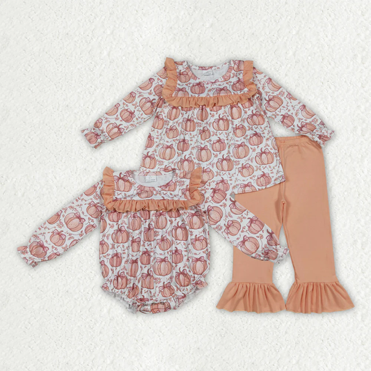RTS Sibling baby girls clothes halloween pumpkin long Sleeve pants sets and rompers