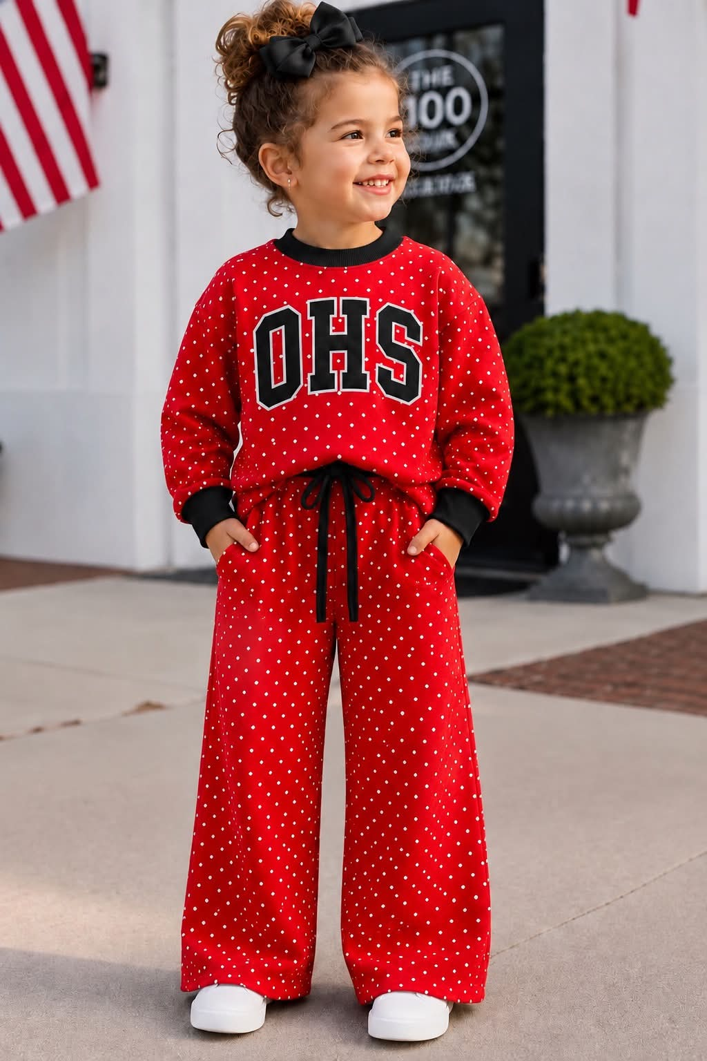 custom moq 5 mix size LIBBYBS0106 Adult To Match Kids Red White Dot Top Black Trim Wide Leg Pant Two Piece Outfit