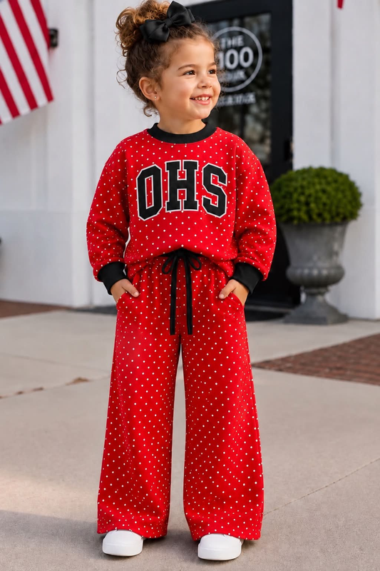 custom moq 5 mix size LIBBYBS0106 Adult To Match Kids Red White Dot Top Black Trim Wide Leg Pant Two Piece Outfit