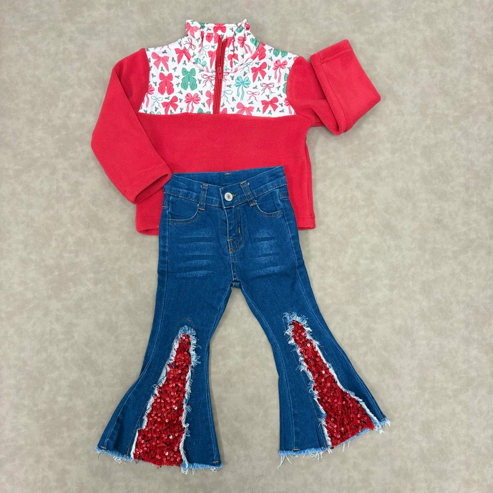 RTS NO MOQ（In Stock) GT1150+P0532 Baby Boys Girls Long Sleeve Bows Camo Zipper Pullover Sherpa Tops DENIM SETS