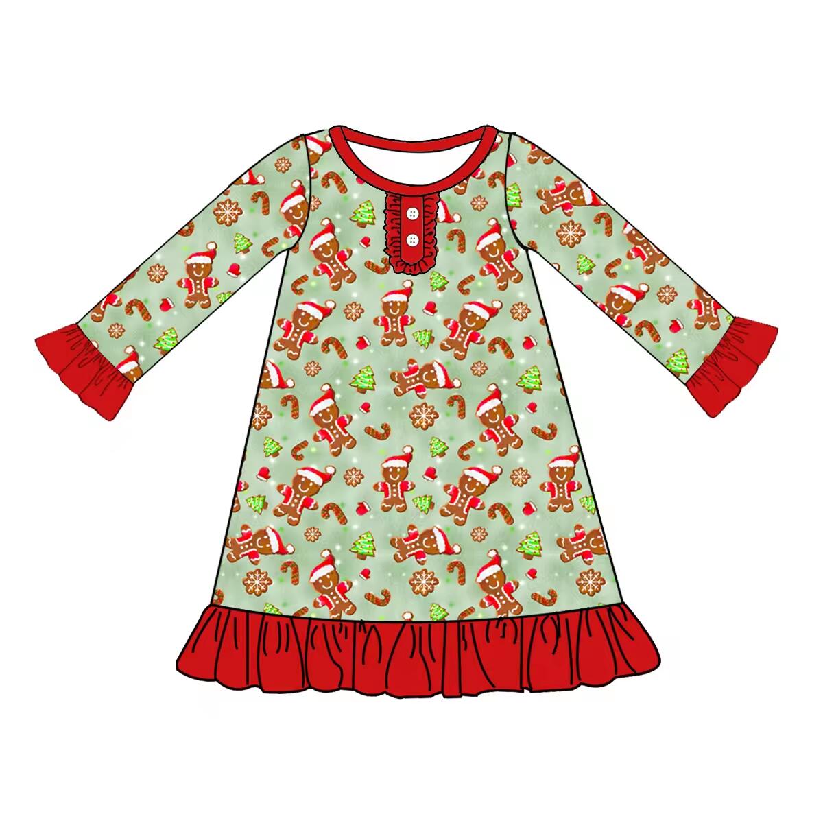 Custom moq 3 eta 6-8weeks Christmas brown bear ruffled skirt light green dress
