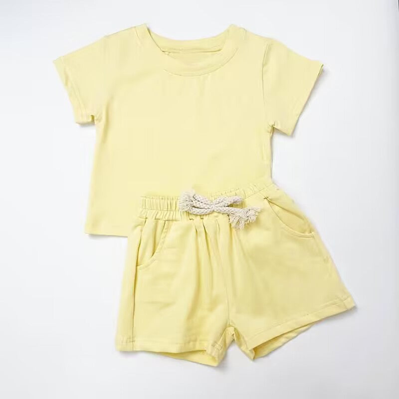 custom moq 3 cotton fabric eta 4-5weeks boys light yellow short sleeve shorts suit