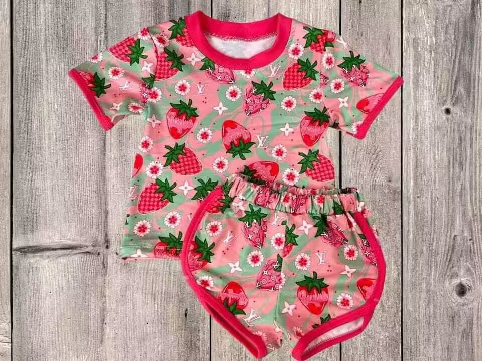 baby girl clothes strawverry rose red short sleeve shorts suit