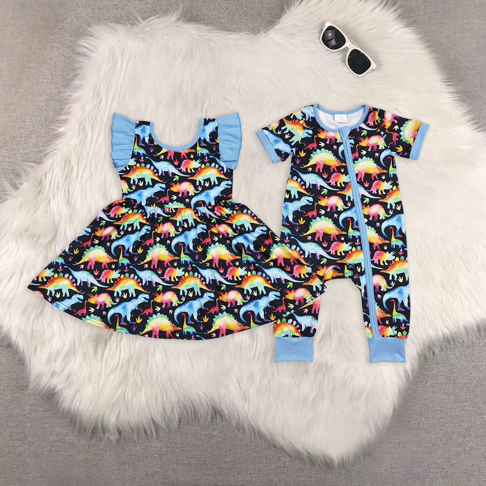 RTS NO MOQ baby boy and girls dinosaur flying sleeve dress and romper