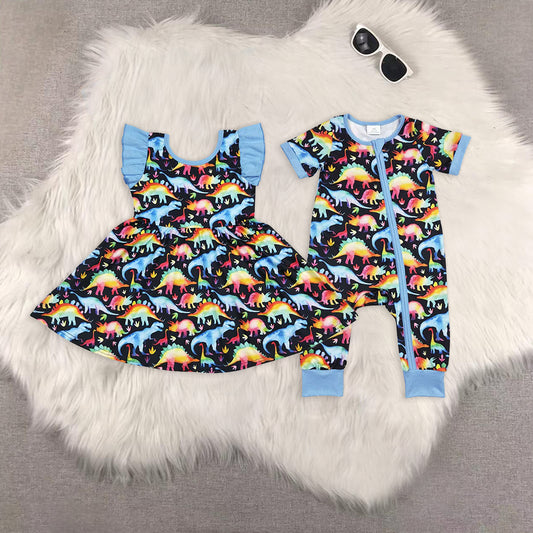RTS NO MOQ baby boy and girls dinosaur flying sleeve dress and romper