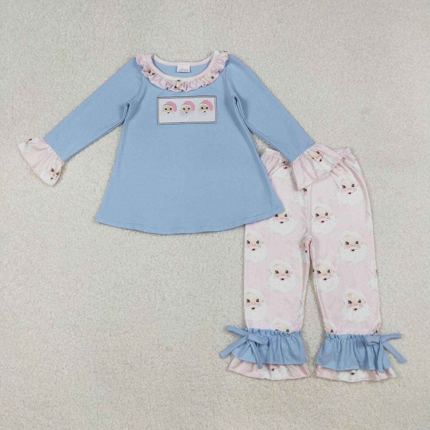 RTS NO MOQ（In Stock) GLP1226 Embroidered Santa Claus lace blue long-sleeved pink pantsuit