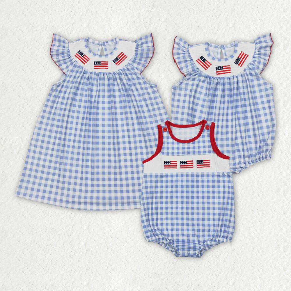 RTS NO MOQ baby girl clothes embroidery smocked 4th of july flag flying-sleeved romper dress