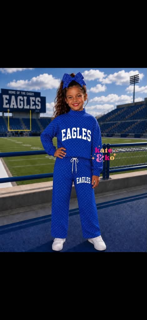 custom moq 5 mix size BYTR0104 High Neck Girls Blue Letter Print Mock Neck Sweatshirt And Drawstring Wide Leg Jogger Pants Clothes Set