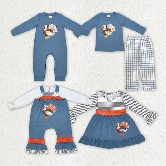 RTS NO MOQ Embroidered turkey pattern denim blue long-sleeved suit & romper & overalls & dress