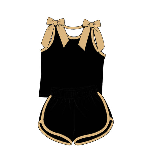 custom moq 5 mix size Baby Girls khaki Bow Sleeveless Black Top Shorts Summer Set
