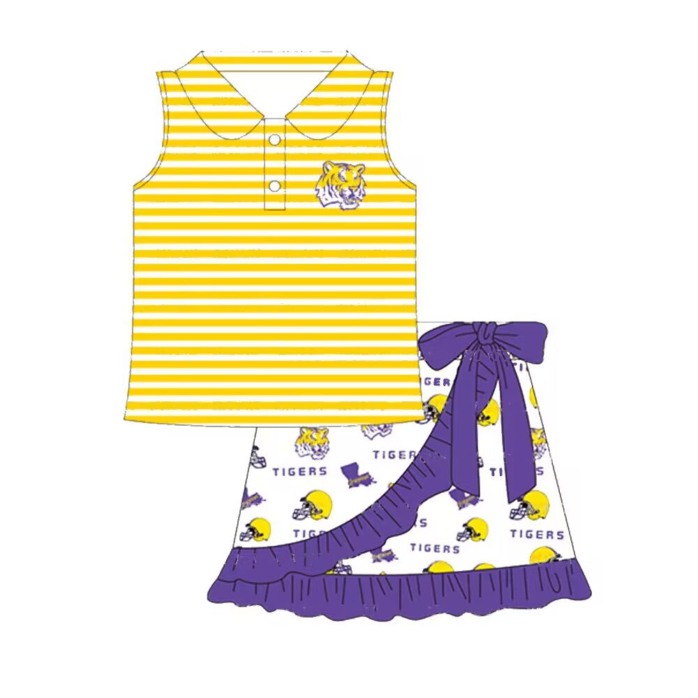 custom moq 3 Summer baby girls  clothes team yellow striped sleeveless purple lace shorts Set