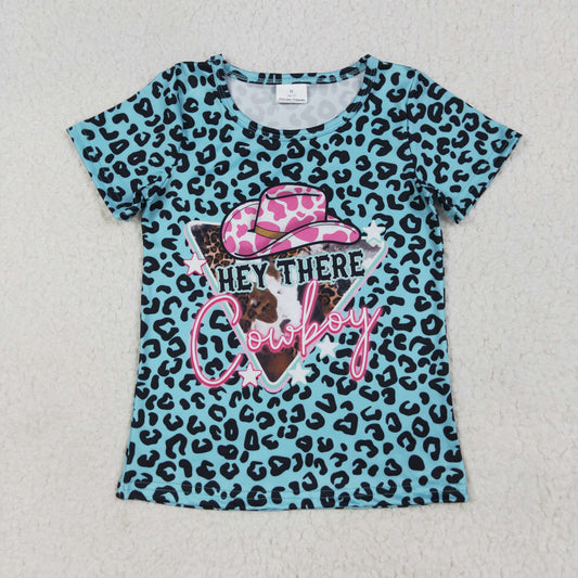 RTS NO MOQ GT0934 cowboy hat leopard print blue short-sleeved top