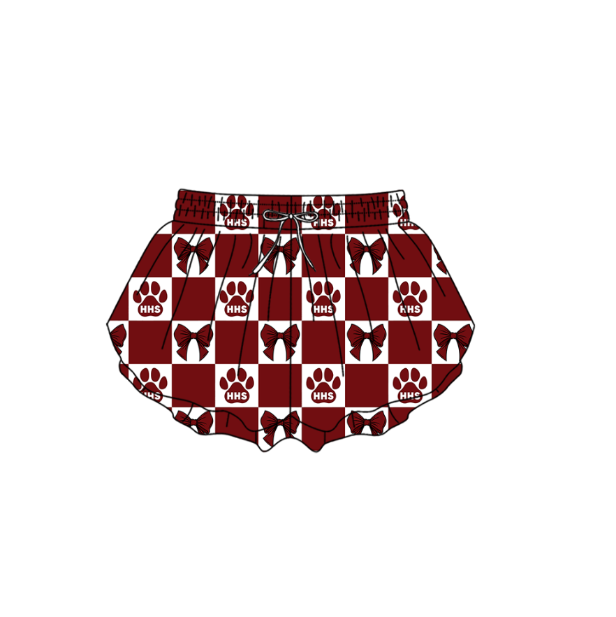 Custom moq 3 or 5 mix size milk silk summer teams baby girl clothes bow dark red summer shorts