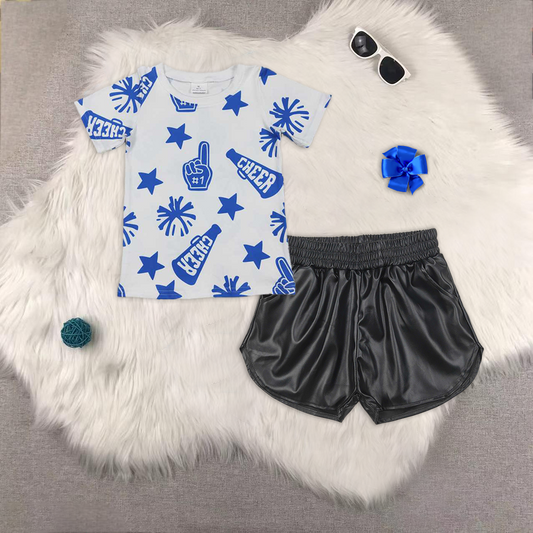 RTS NO MOQ ETA 5/7days Arrived GT0941+SS0413 Cheer blue fireworks stars white short-sleeved top Glossy leather black shorts sets