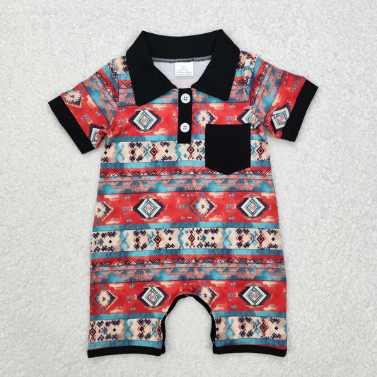 RTS NO MOQ ETA 5/7days arrived SR2320 Geometric black pocket blue and red short-sleeved jumpsuit