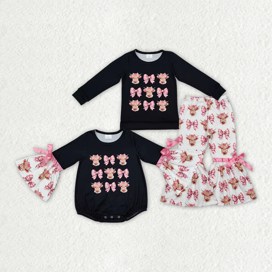 RTS NO MOQ Baby Girls Highland Cow Bows Rompers Clothes Sets