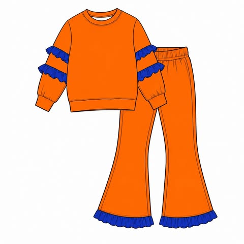 custom moq 5 mix size KNEHIN01 Baby Girls Orange Crew Neck Blue Ruffle Sleeve Top Blue Ruffle Hem Flare Bell Bottom Pant Clothing Set