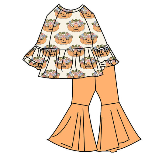 Custom moq 5 mix size milk silk summer baby girl clothes pumpkin orange long sleeve pants sets-25.8.15