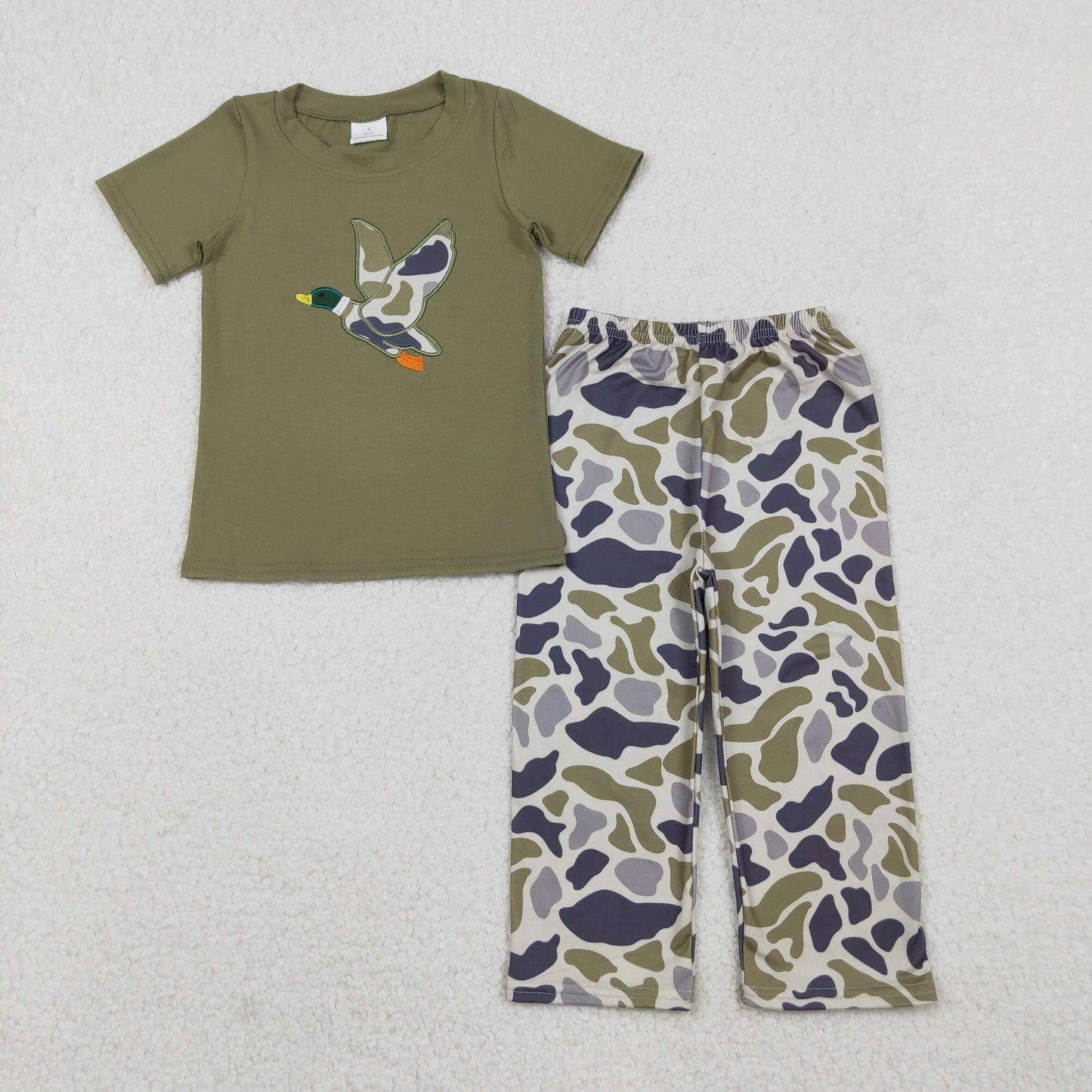 RTS NO MOQ（In Stock) BSPO0583 Embroidered duck green short-sleeved gray-green camouflage pantsuit