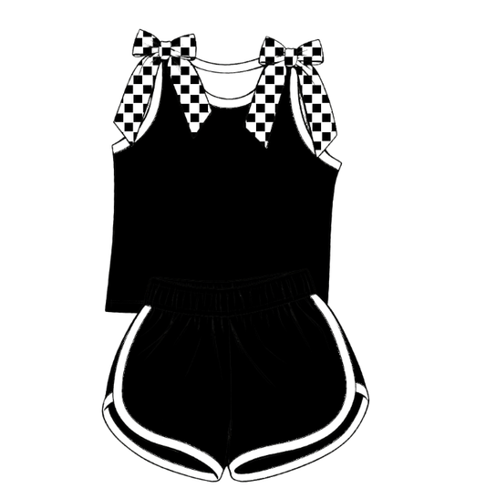 custom moq 5 mix size Baby Girls Checked Bow Sleeveless Black Top Shorts Summer Casual Clothes Set