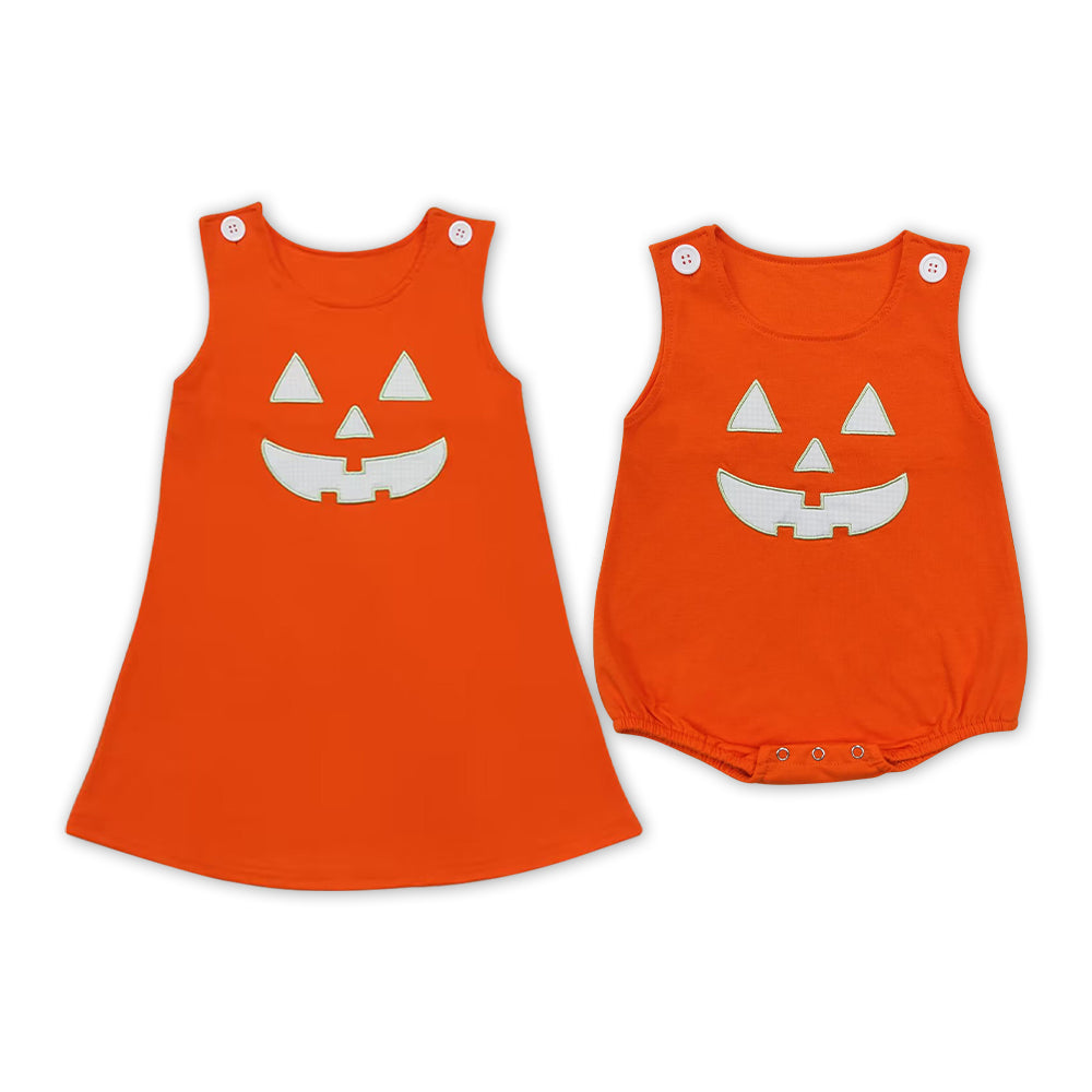 RTS NO MOQ Halloween face smiley embroidery orange  embroidered skirt romper