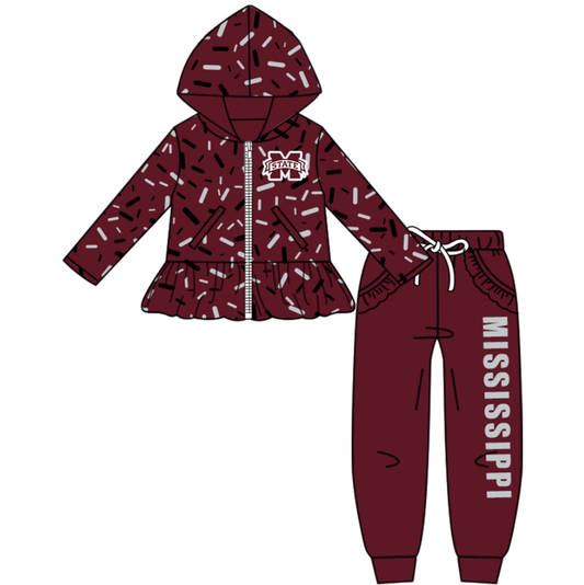 Custom moq 8 mix size eta 6-8weeks milk silk summer teams dark red baby girl clothes hooded long sleeve pants sets-25.9.27