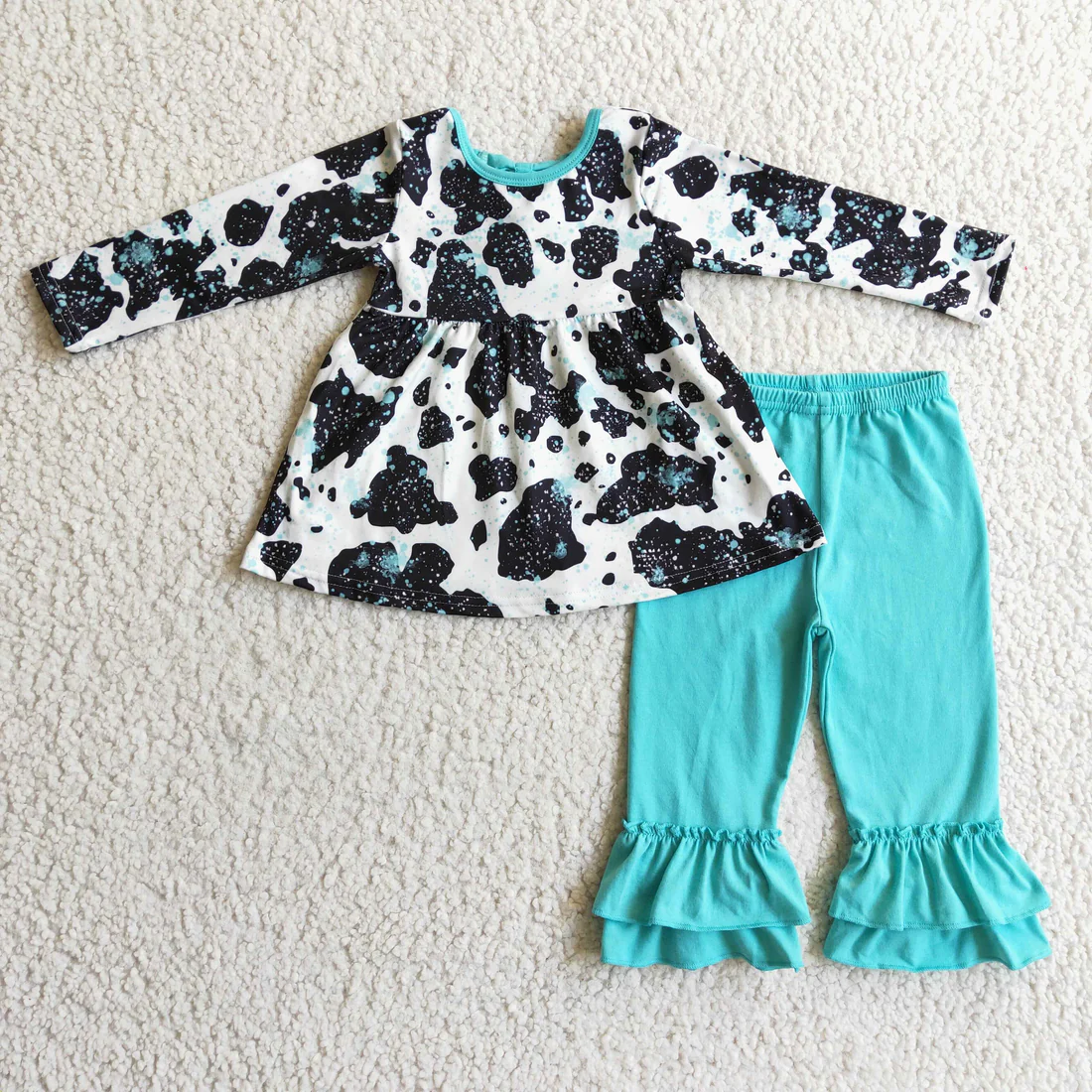RTS NO MOQ Sibling Baby girl clothes cow pattern long-sleeved trousers suit & rompers and dress
