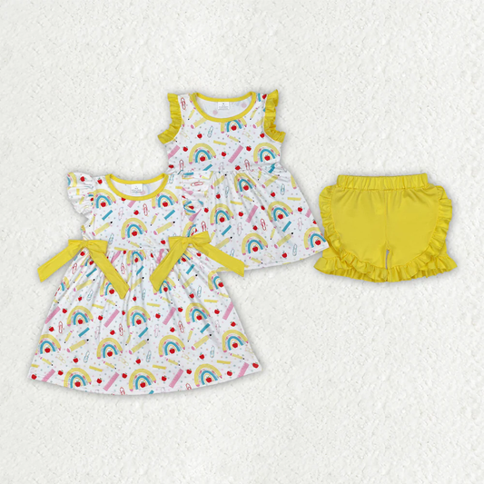 RTS NO MOQ baby Girls Clothes back to school short sleeve shorts Sets and dress
