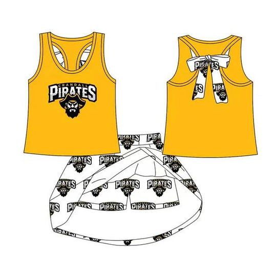 Custom moq 5 each style eta 6-7weeks baby girl clothes team yellow short sleeve skirt sets-25.8.25