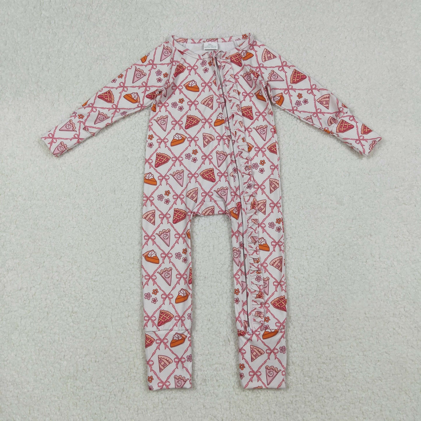 RTS NO MOQ（In Stock) LR2594 Cake Flower and Bow Lace Zipper Long-Sleeved Bodysuit