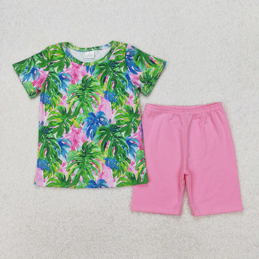 RTS NO MOQ ETA 5/7days Arrived GSSO2211 Leaf Pattern Short Sleeve Pink Shorts Set