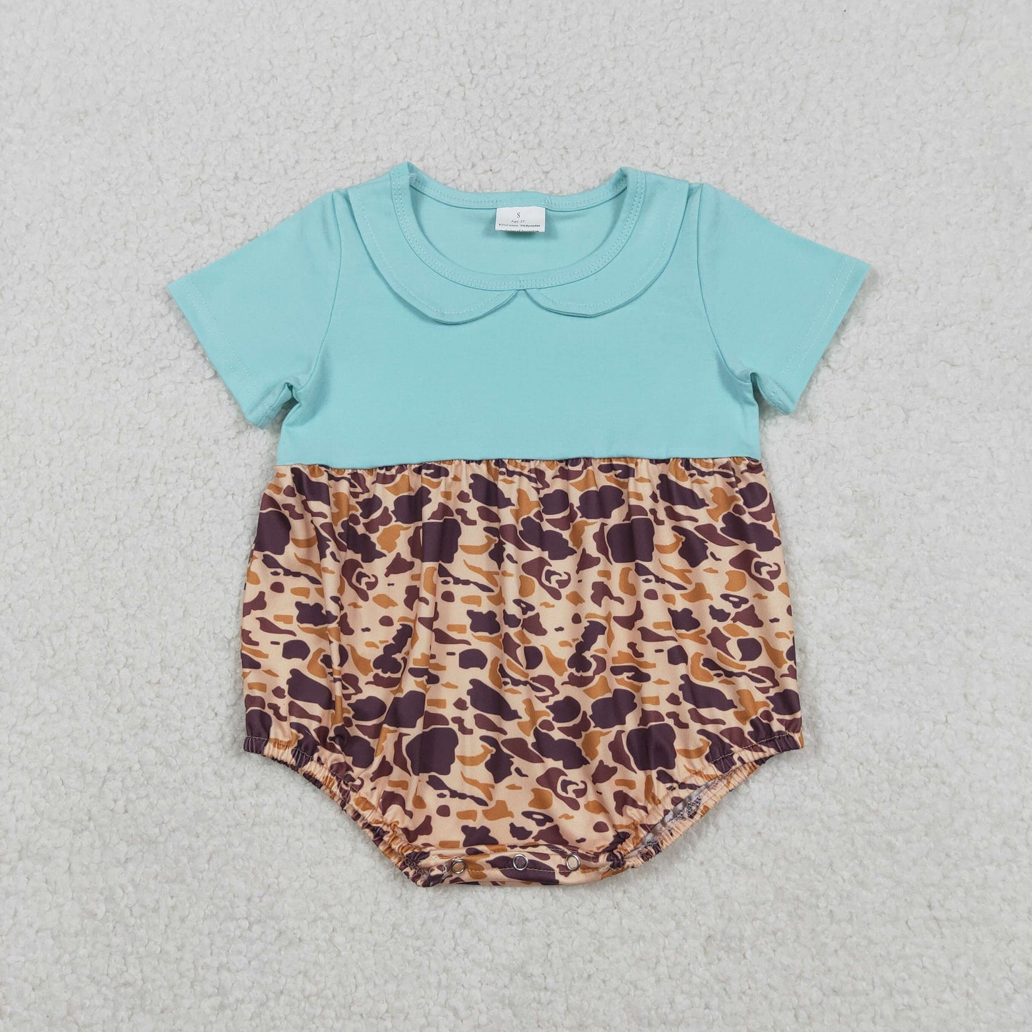 RTS NO MOQ（In Stock) Brown Camouflage Blue-Green Peter Pan Collar Short-Sleeved Jumpsuit