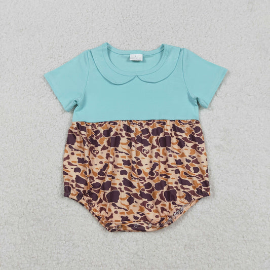 RTS NO MOQ（In Stock) Brown Camouflage Blue-Green Peter Pan Collar Short-Sleeved Jumpsuit