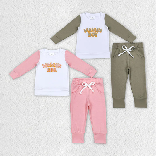 RTS NO MOQ Baby Girls Boys Valentine Embroidery MAMA BOY long sleeve Pants Clothes Sets