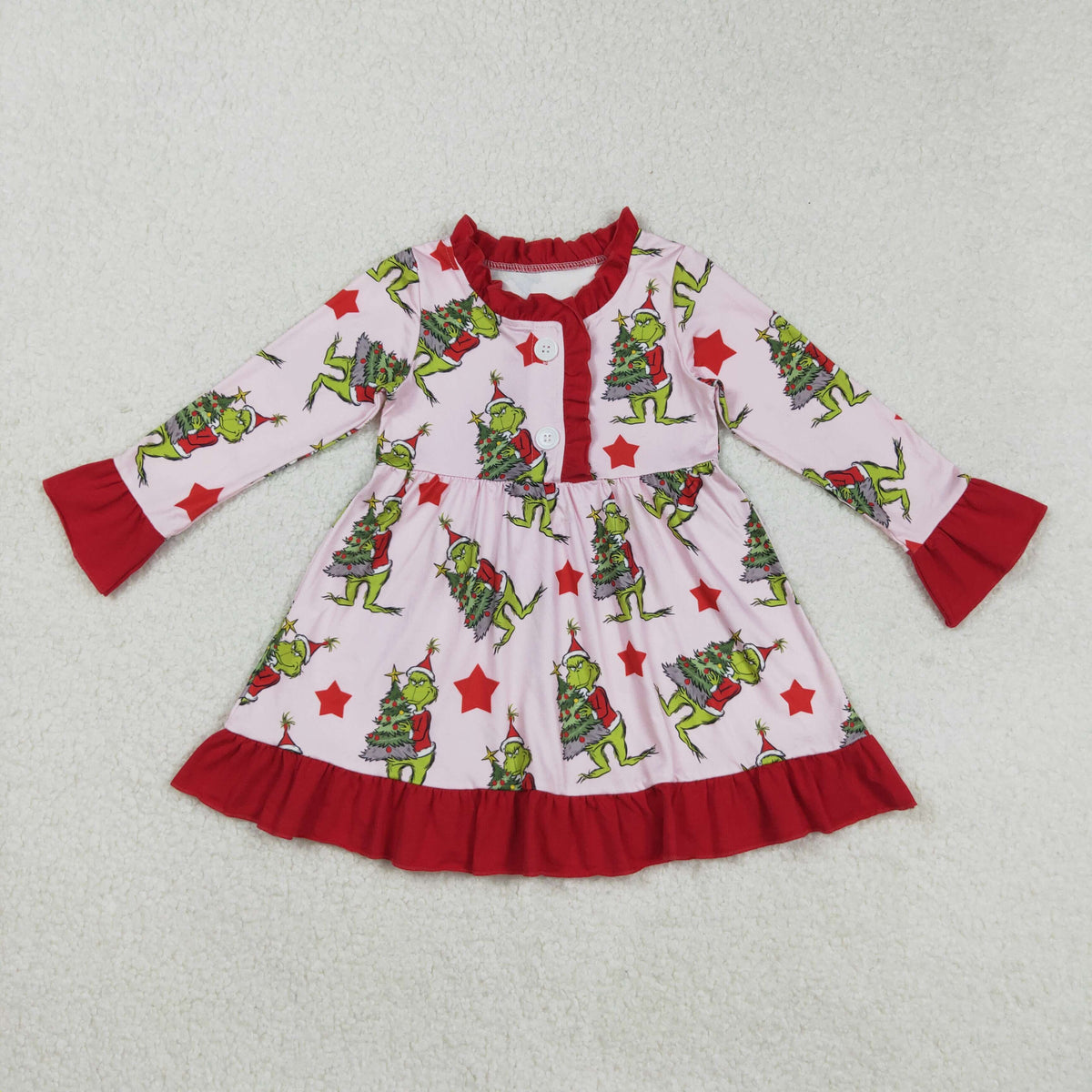 RTS NO MOQ（In Stock) GLD1236 Cute Clothes Christmas Tree Star Red Lace Button Pink Long-Sleeved Dress