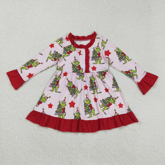 RTS NO MOQ（In Stock) GLD1236 Cute Clothes Christmas Tree Star Red Lace Button Pink Long-Sleeved Dress