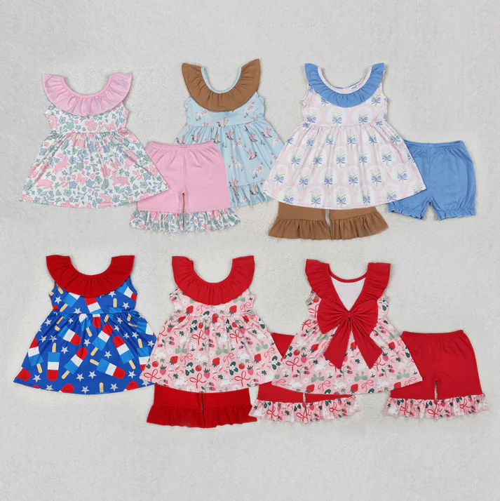 RTS NO MOQ girls short-sleeved shorts suit & short-sleeved set