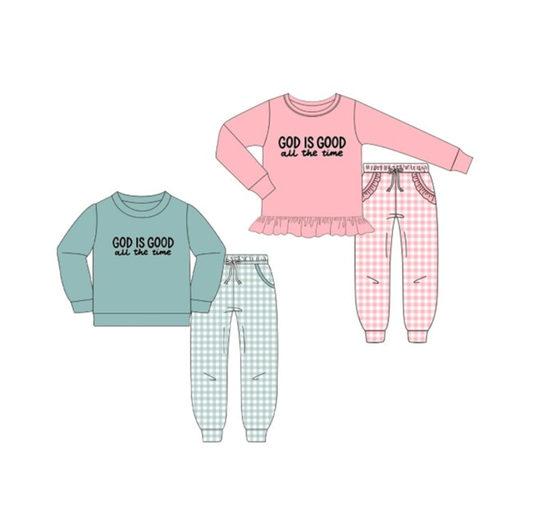 Custom moq 5 each style eta 6-7weeks baby girl clothes GOD IS GOOD long sleeve pants sets 1 and sets 2-25.8.11