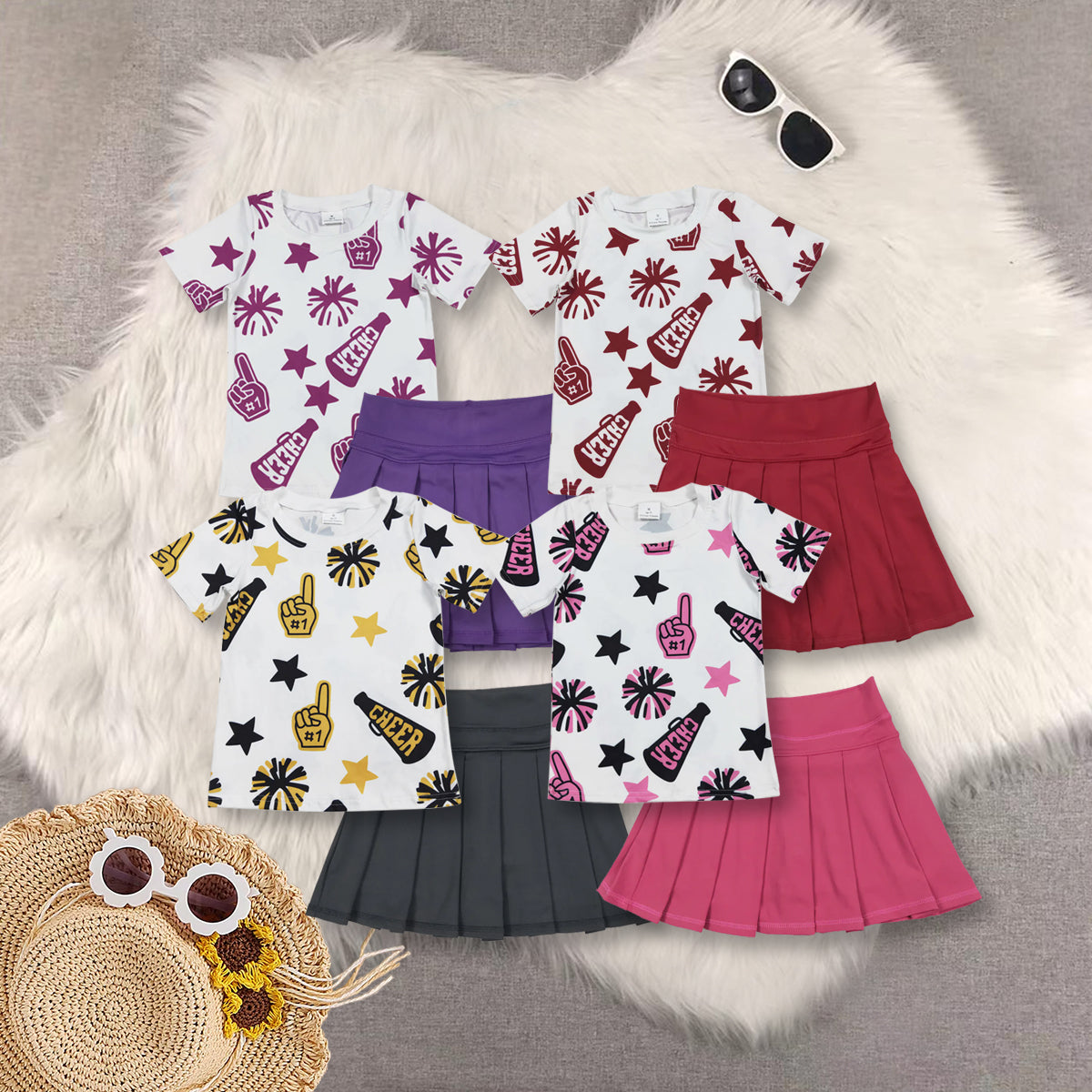 RTS NO MOQ Sibling baby girls clothes Cheer fireworks star white short-sleeved top skirt sets