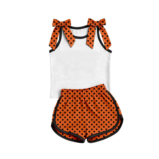 custom moq 5 mix size Baby Girls Polka Dots Orange Bow Sleeveless White Top Shorts Summer Solid Color Set
