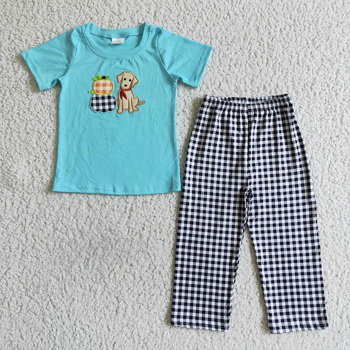 RTS NO MOQ Sibling Baby boy clothes Halloween embrodiery short-sleeved trousers suits
