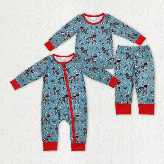 RTS NO MOQ  Leopard Christmas Puppy Teal Long Sleeve Suit & Climbing Suit