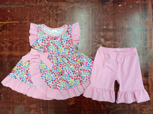 Custom moq 3 eta 6-7weeks baby girls clothes floral pink flying sleeve shorts sets