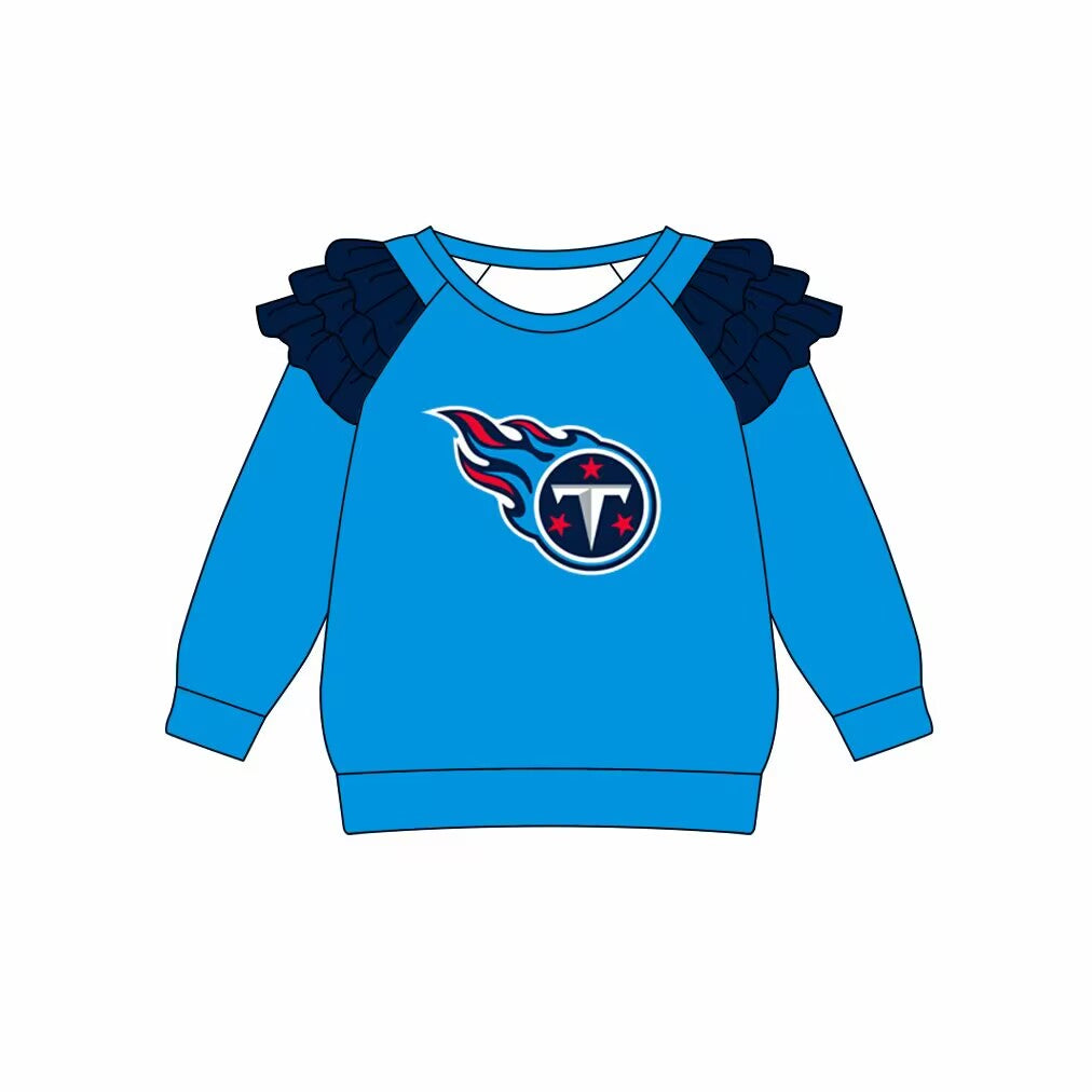 Custom moq 5 eat about 4-6 weeks Blue long-sleeved sweatshirt with black wavy shoulder decoration