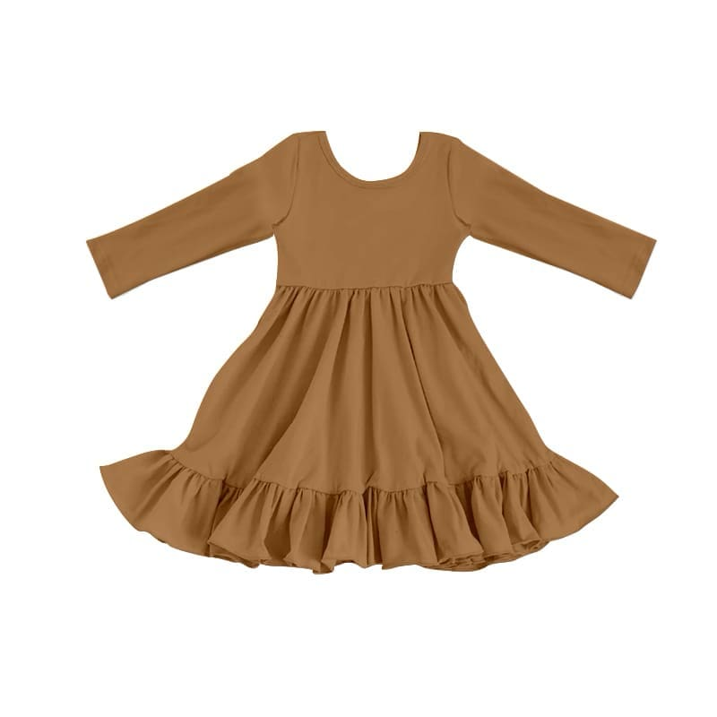 Deadline October 8 custom no moq  eta 6-7weeks Pure brown long sleeve pleated dress with large skirt