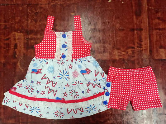 Custom moq 3 eta 6-7weeks baby girls clothes firewrok sleeveless shorts sets